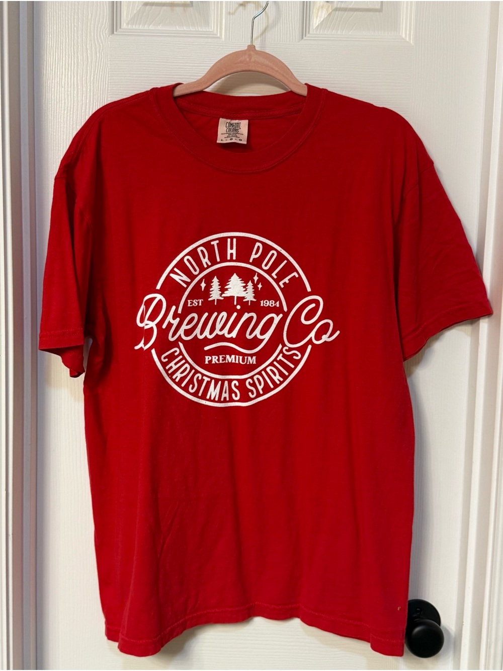 Comfort Colors Red Short Sleeve Tee with White North Pole Brewing Graphic